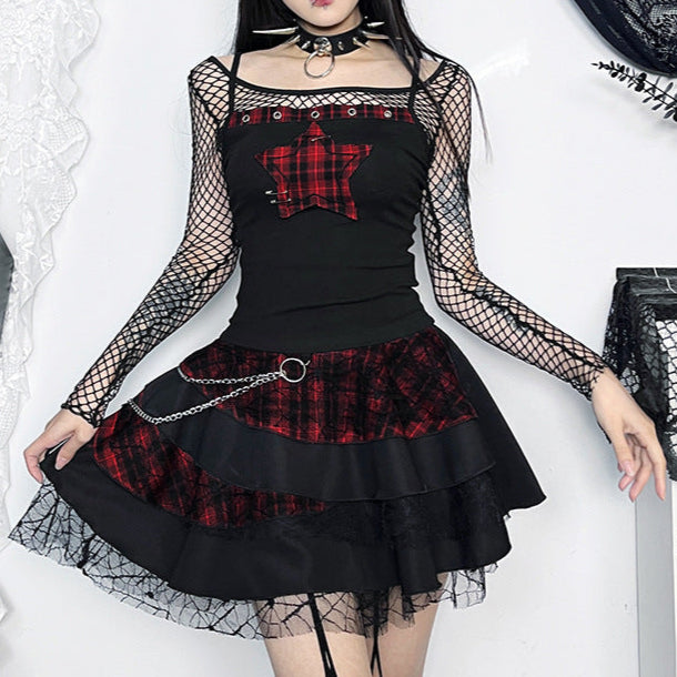 checked Goth Rock Top - Checked Red Star