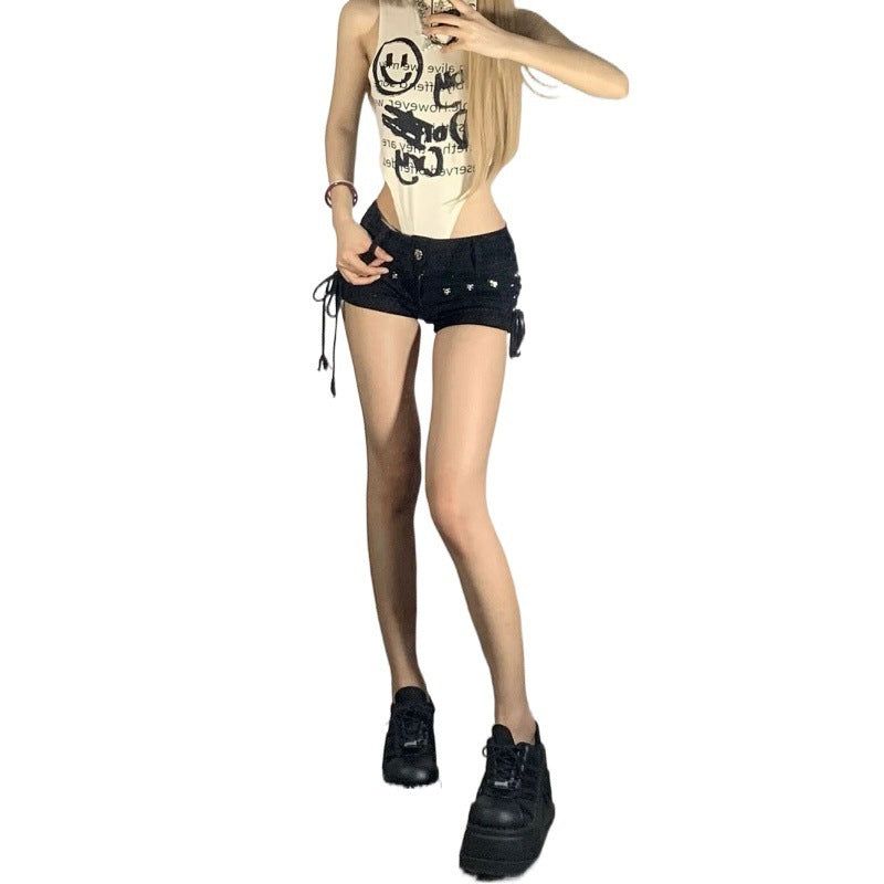 cotton Low Rise Black Denim Shorts for Women