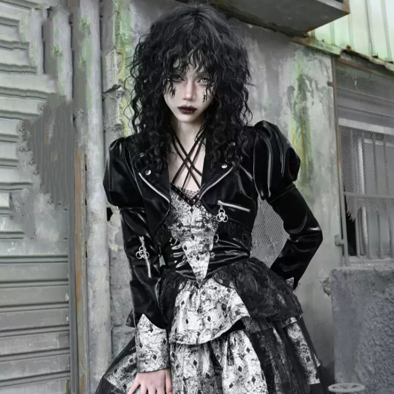 crop Goth Leather Jacket with Lace Vegan Womens