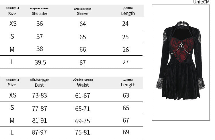 lace Long Sleeve Goth Dress Mini with Red Lace