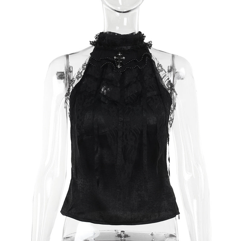 cross Satin Gothic Halter Top High Neck