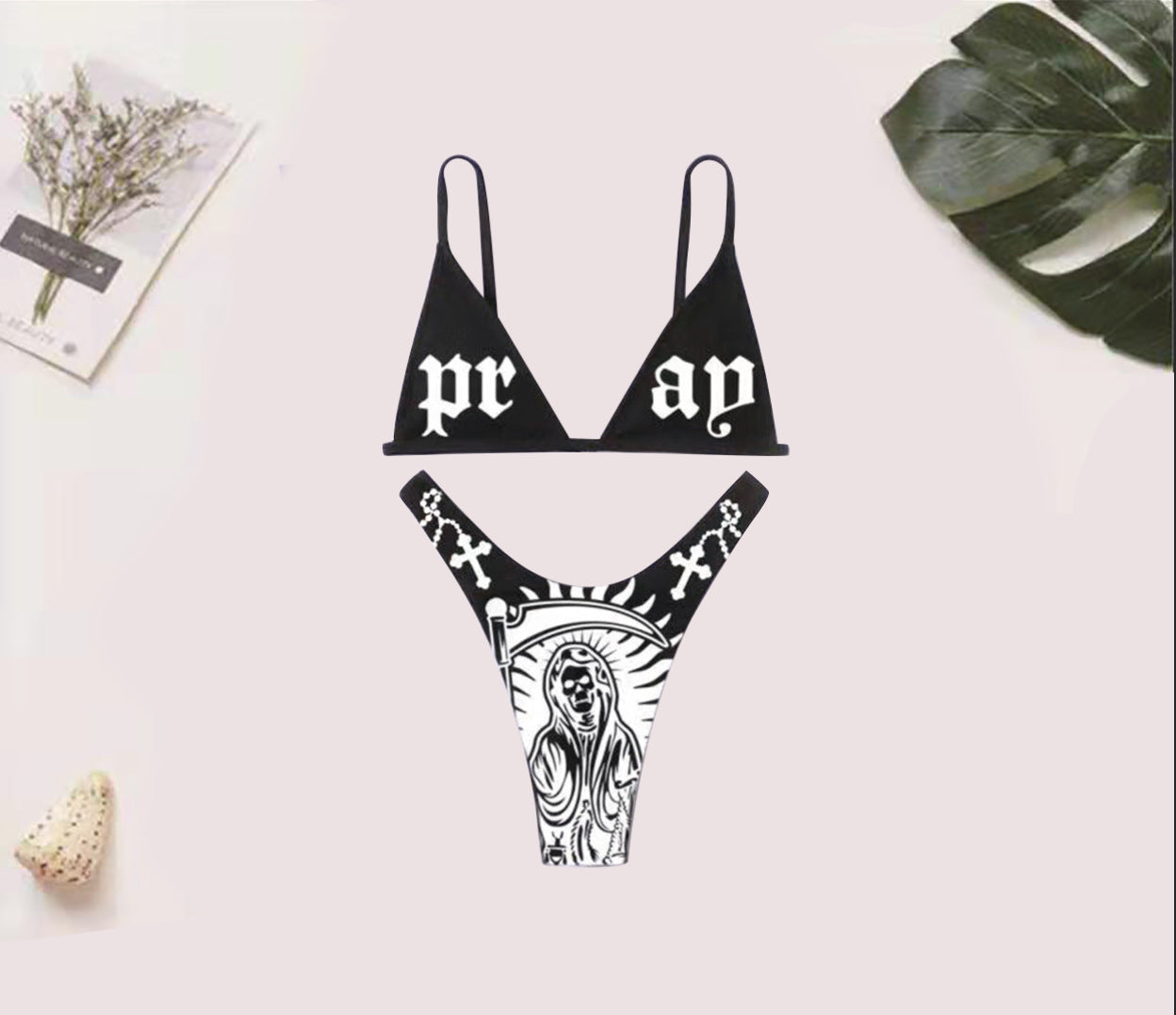 white cross "Pray" Dark Gothic Triangle Bikini Set with Crosses