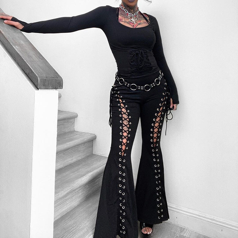 oth Black Flared Lace Up Pants for Women dark forest