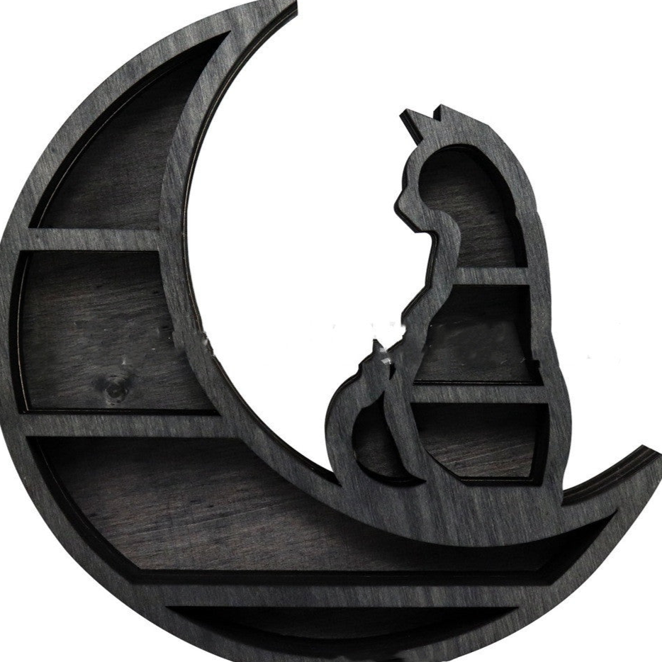 Wooden Cat On Moon Shelf
