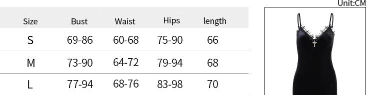 Black slip dress with size chart and measurements on a white background