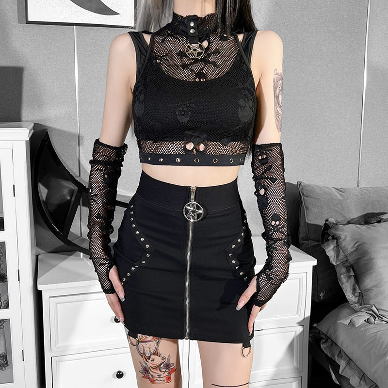 fishnet Skull Crop Top with Fishnet Gloves