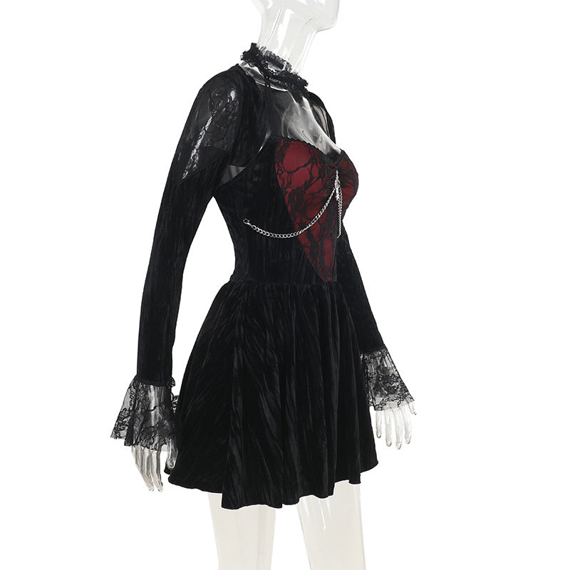 flared Long Sleeve Goth Dress Mini with Red Lace