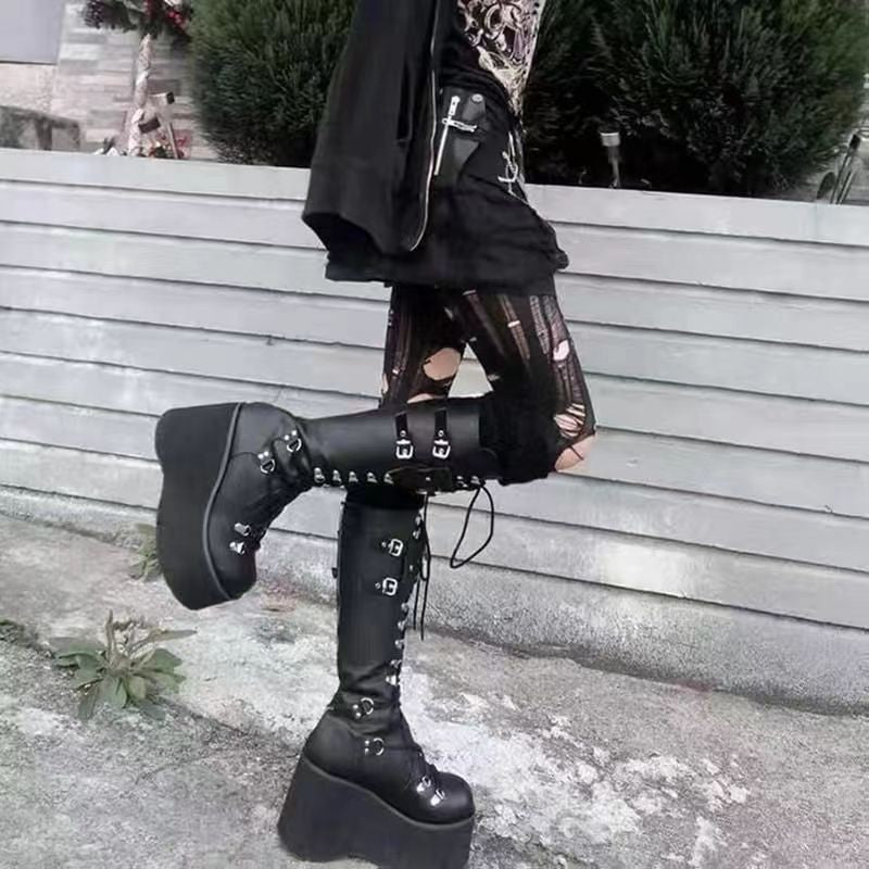 Black Punk O-Ring Platform Boots Knee High goth Black Punk O-Ring Platform Boots Knee High
