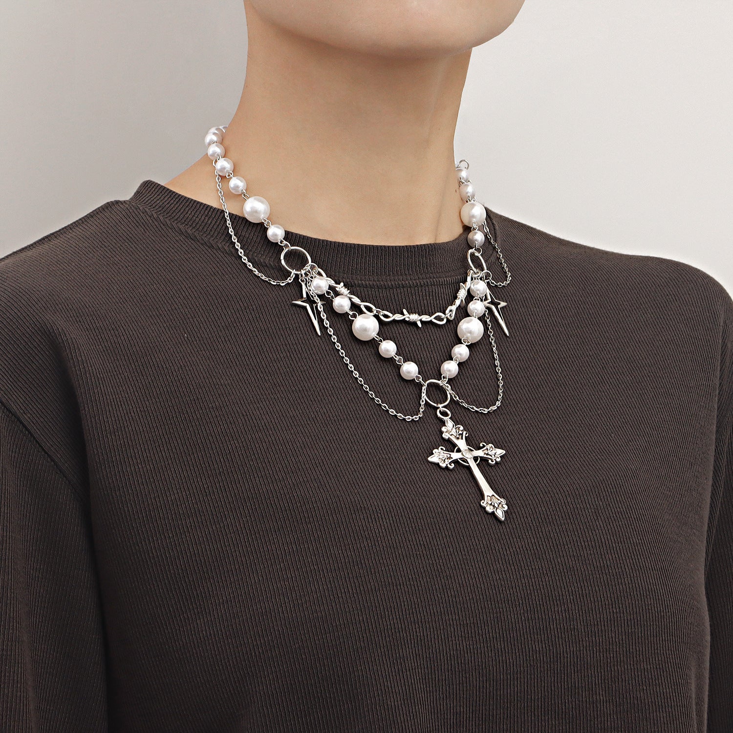 goth Layered Pearl Cross Star Necklace