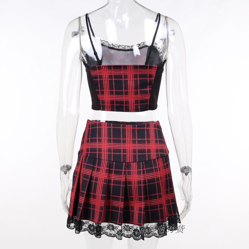 Red Plaid Punk Top Skirt Set Co Ord