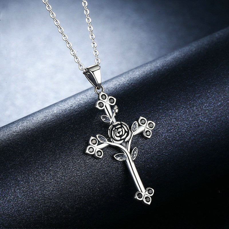 goth S925 Silver Gothic Rose Cross Necklace