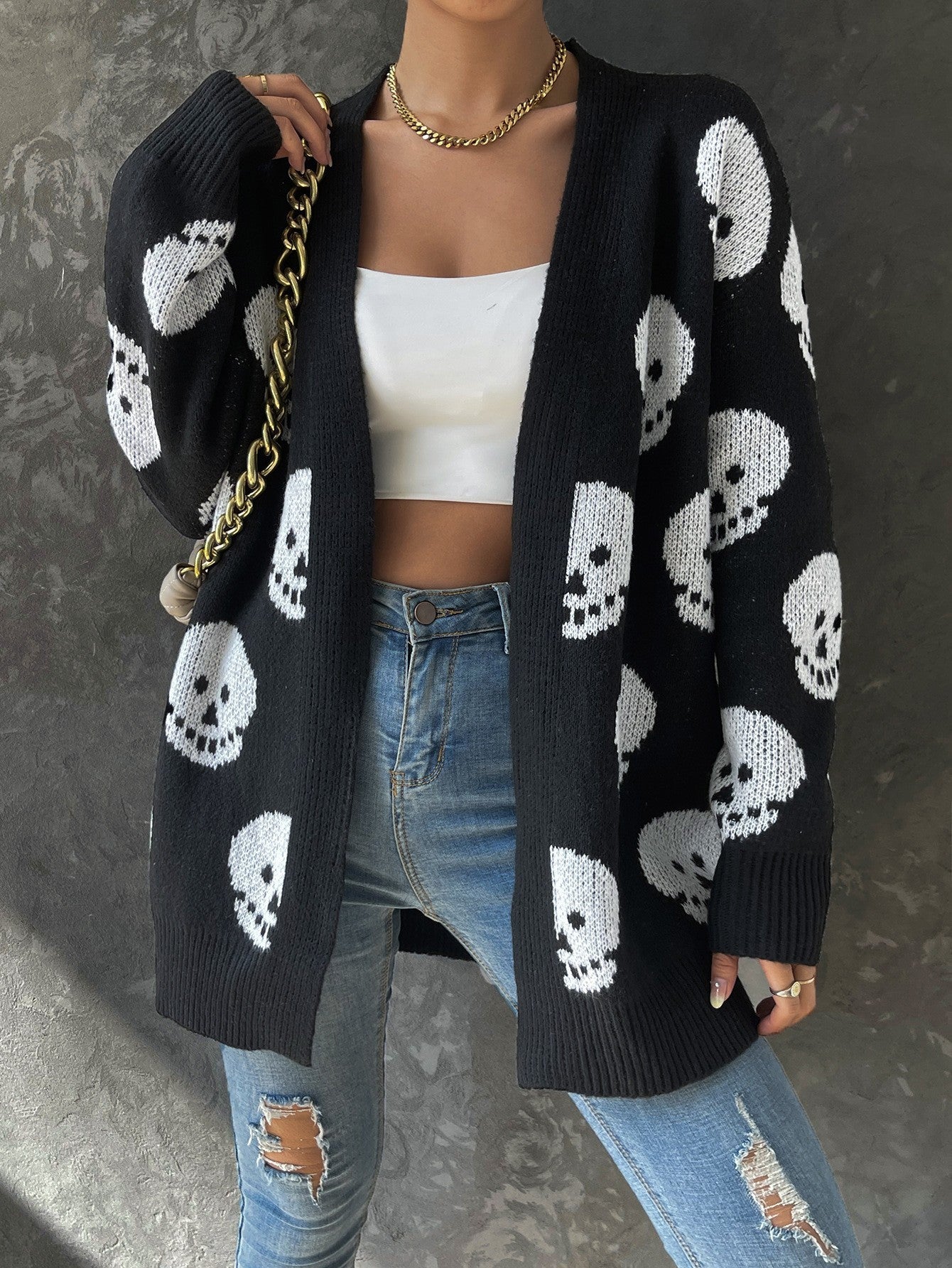 goth Skull Cardigan Knitted Sweater Womens