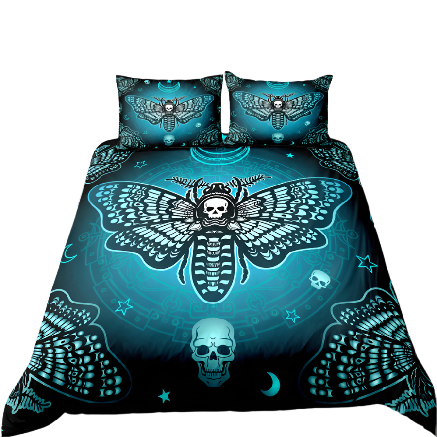 goth Skull Moth Bedding Set Blue Color