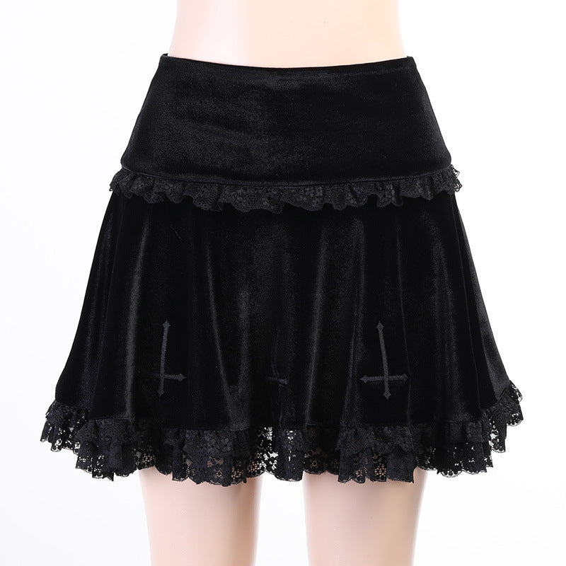 gothic Inverted Cross Black Velvet Short Skirt