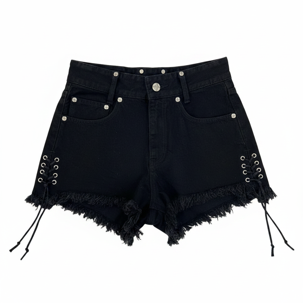 Lace Up Black Denim Shorts for Women