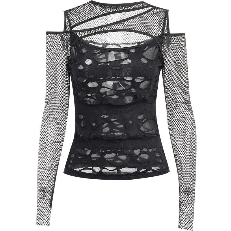 goth Ripped Fishnet Long Sleeve Top