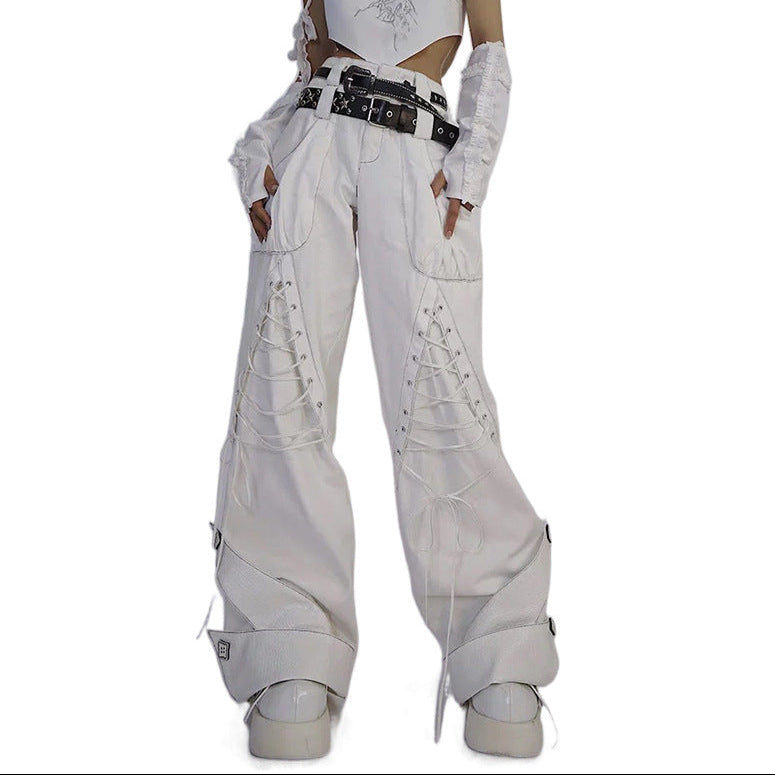 goth White Lace Up Oversized Jeans