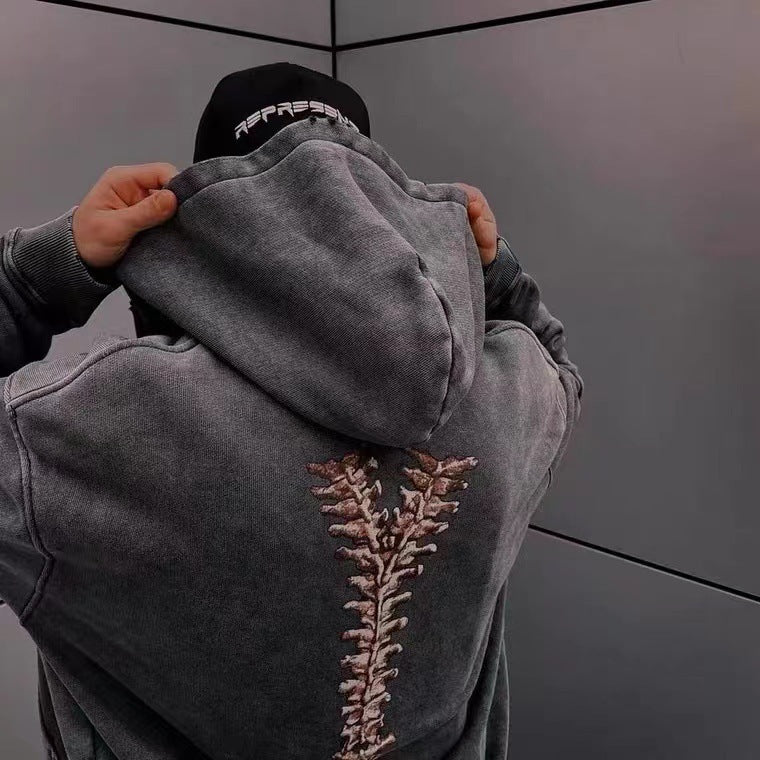 gray Skeleton Zip-Up Hooded Cardigan Sweatshirt for Men