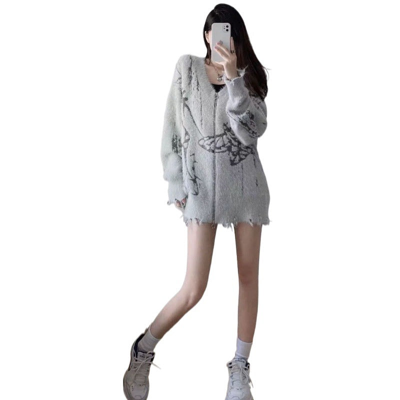  knitted Gray Goth Alt Cardigan Zip Up Sweater for Women