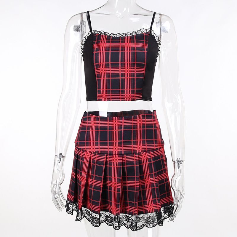 lace Red Plaid Punk Top Skirt Set Co Ord