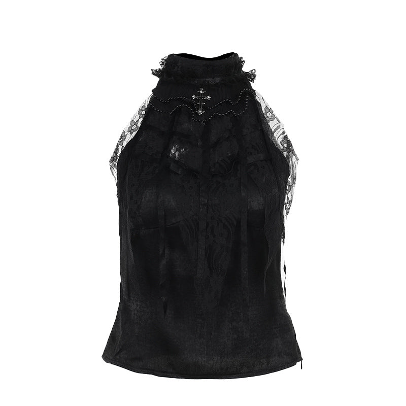 lace Satin Gothic Halter Top High Neck