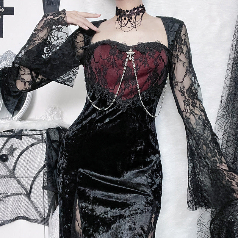 lace Velvet Gothic Dress red