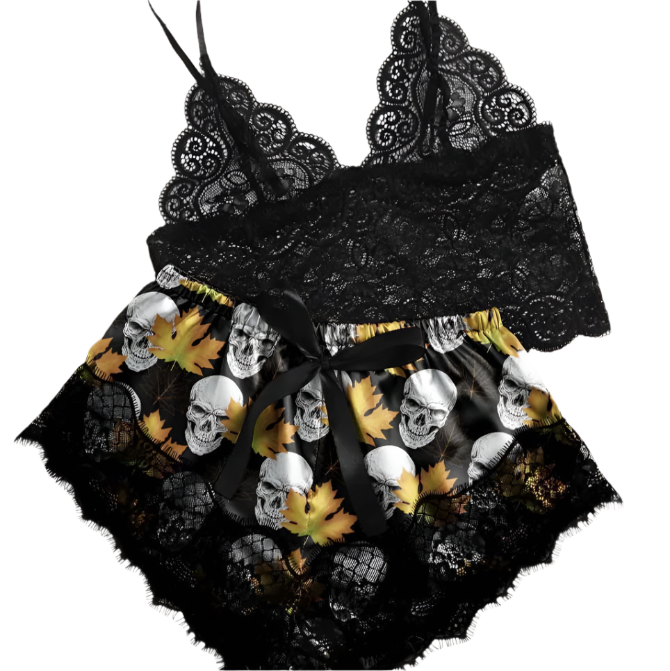 womens Sexy Gothic Pyjama Set with Skulls and orange Autumn Leaves