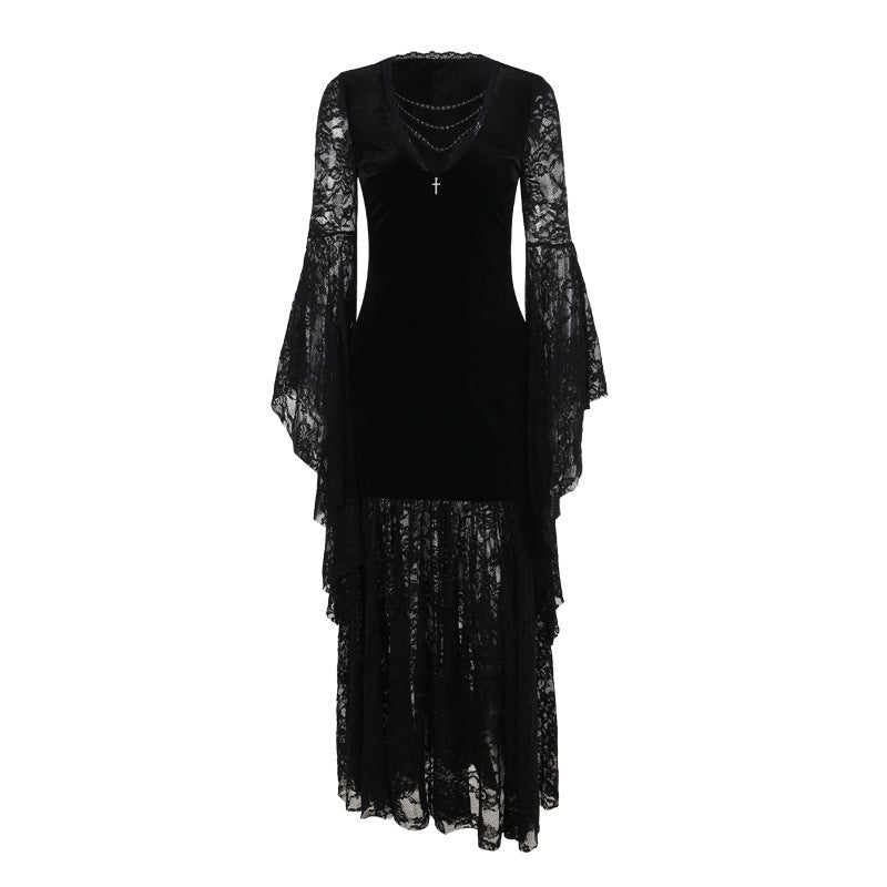 long Black Gothic Dress Lace wide long Sleeves