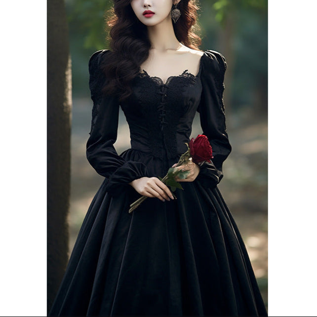 black Gothic Prom Dress with Long Sleeves