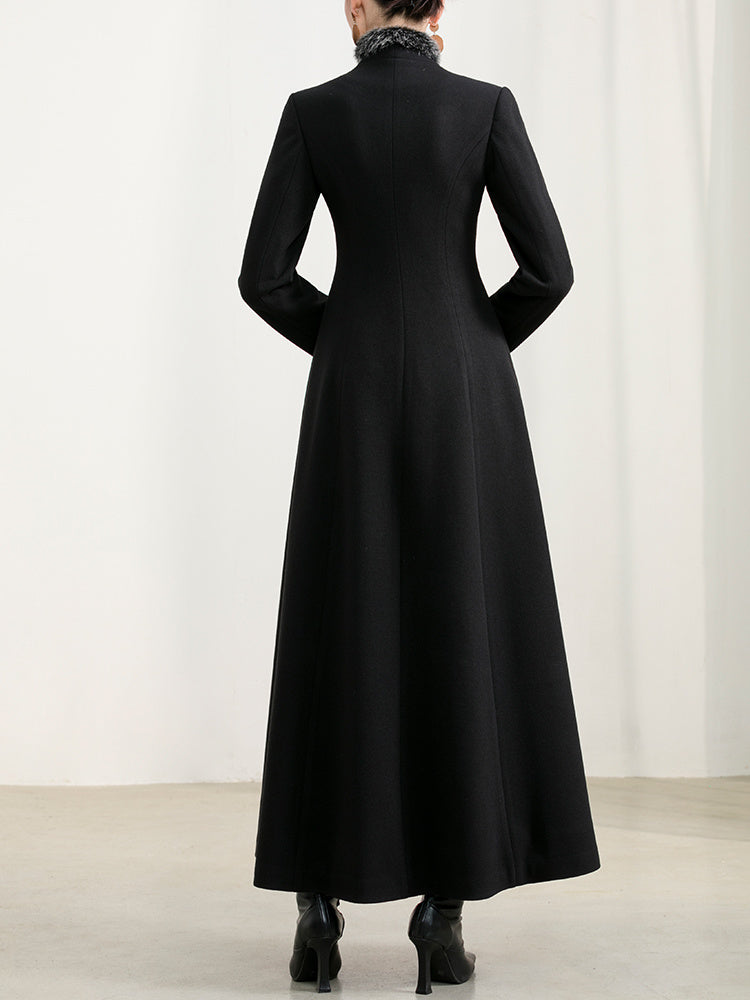 maxi Long Black Gothic Coat for Women with Fur