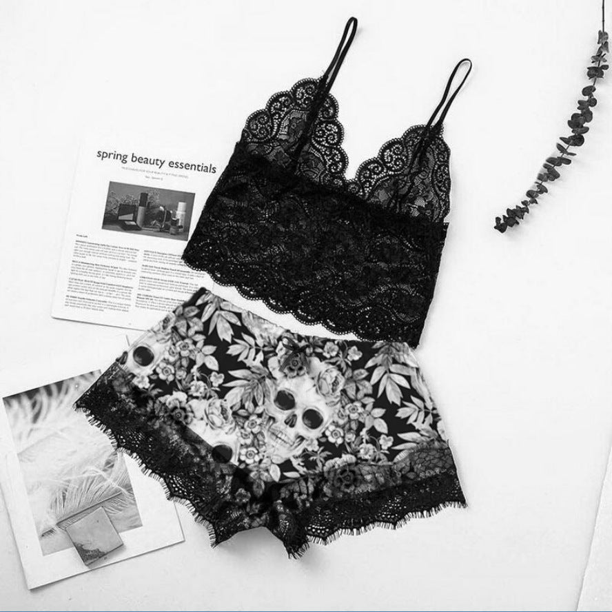 monochrome Lace Goth Pjs with Skulls black and white