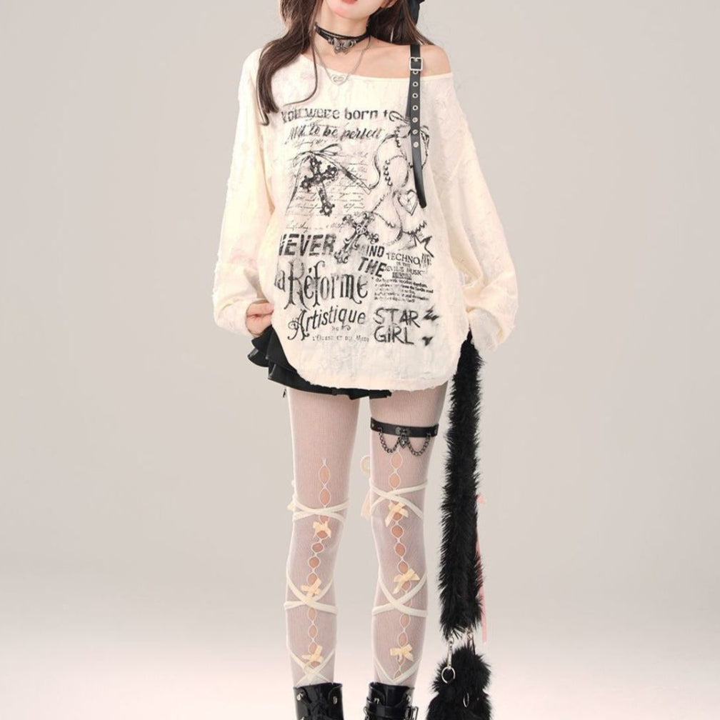 punk Gray Gothic Blouse - Oversized Fit alternative long sleeve
