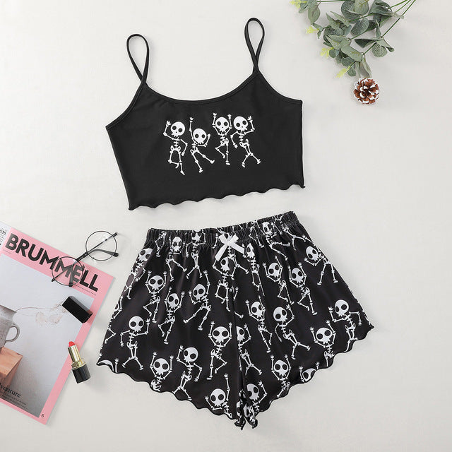 black Skeleton Goth Pajamas Set Short Sleeves