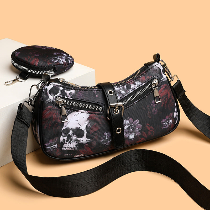 red Floral Skull Casual Goth Bag Womens black leather