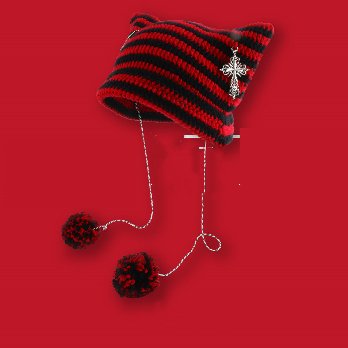 Goth Beanie Womens Black red Stripes