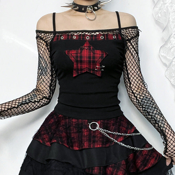 red Goth Rock Top - Checked Red Star