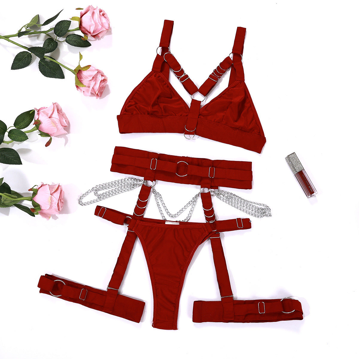 Gothic Sexy Bondage Lingerie Set with Garters red