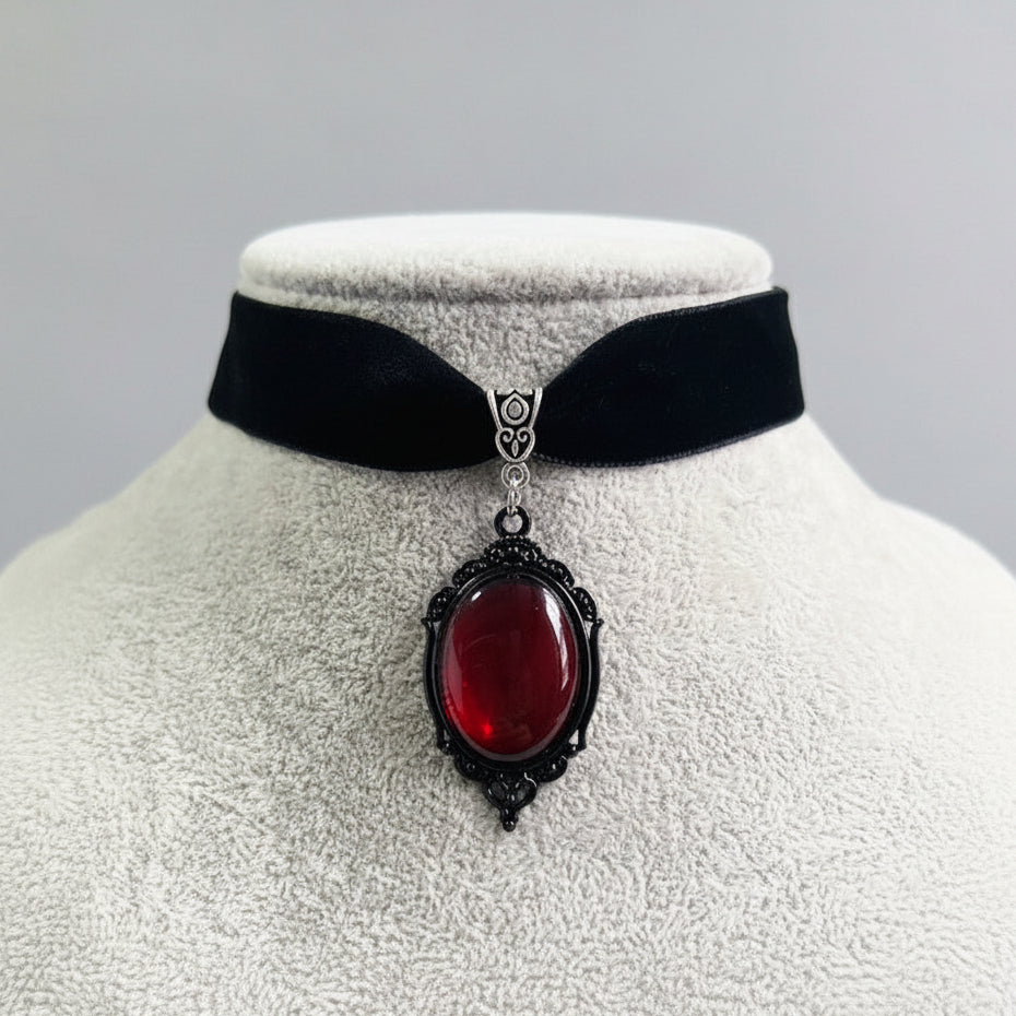red Gothic Victorian Pendant Velvet Choker Necklace