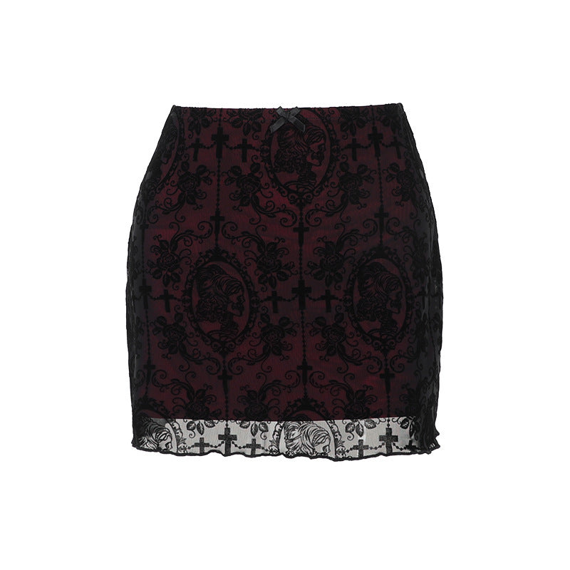 Deep Red Pattern Lace Gothic Short Skirt