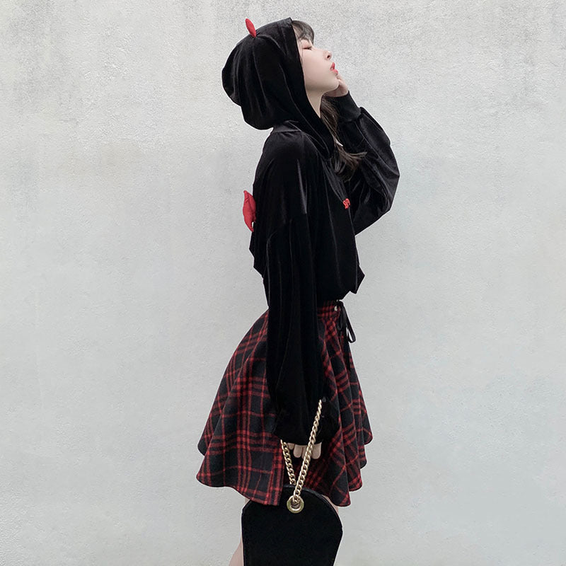 red Lace Up Waist Corset Plaid Skirt