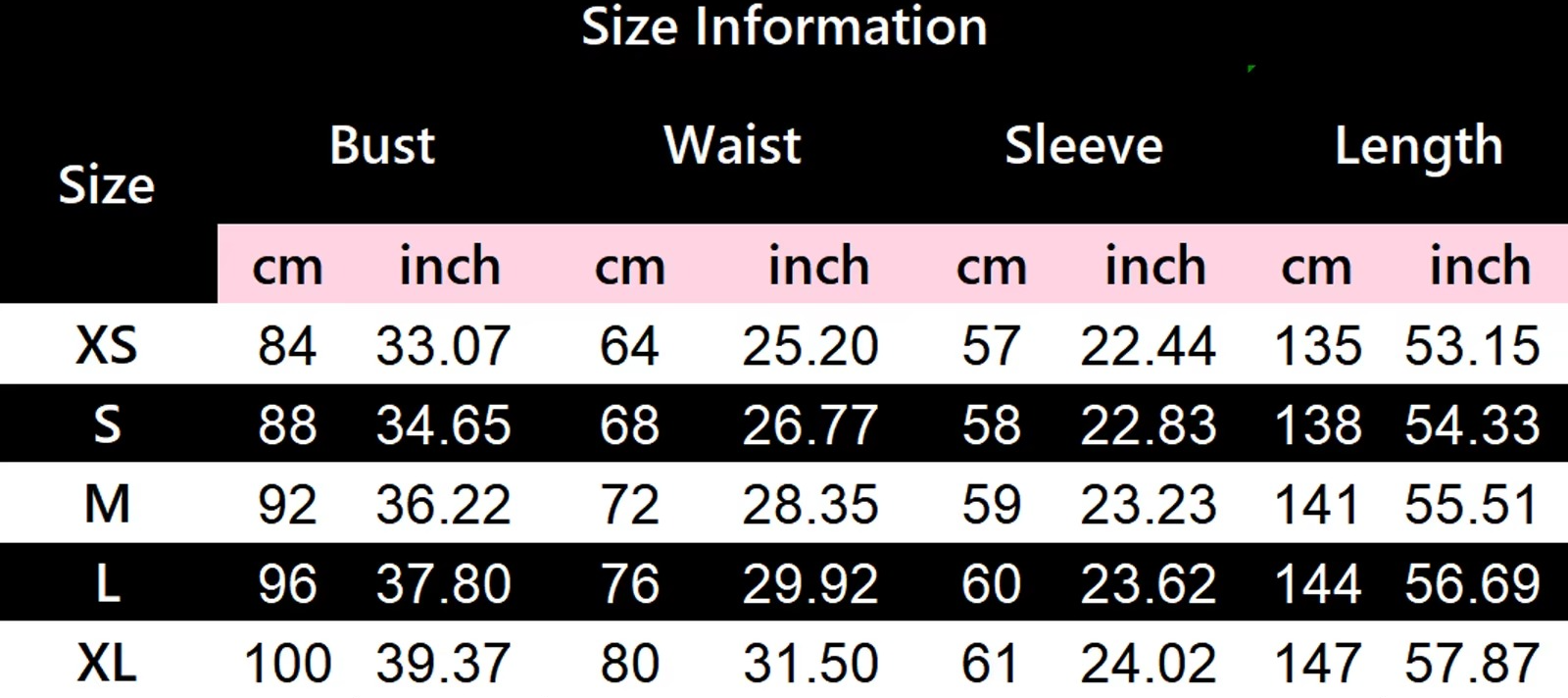 Size chart for a black dress with measurements in centimeters and inches, along with care instructions.