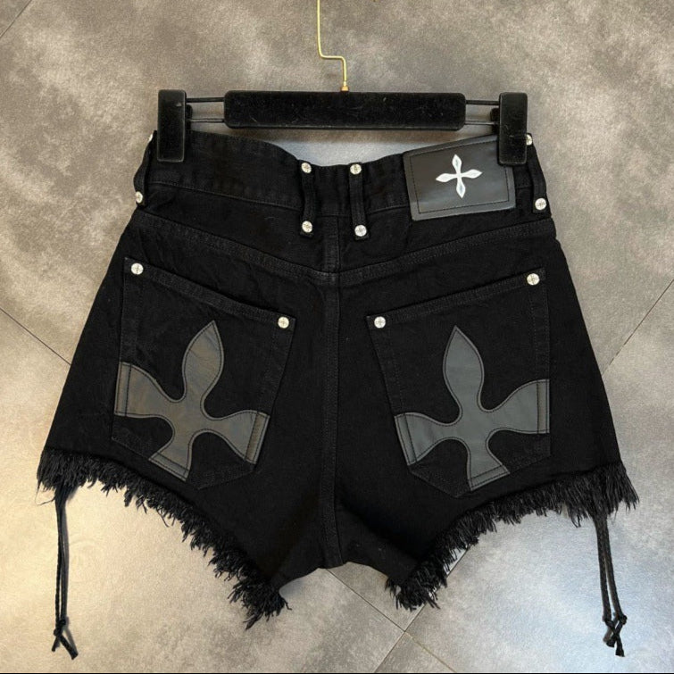 ripped Lace Up Black Denim Shorts for Women