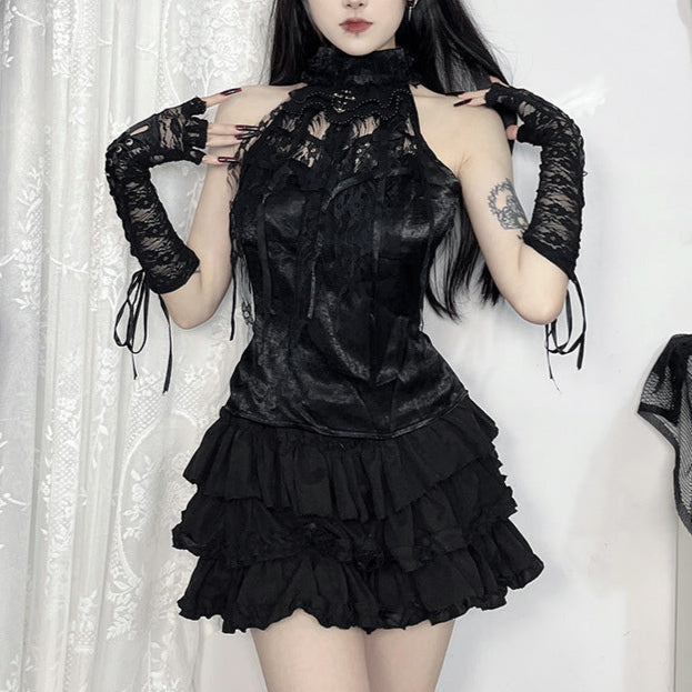 ruffle Satin Gothic Halter Top High Neck