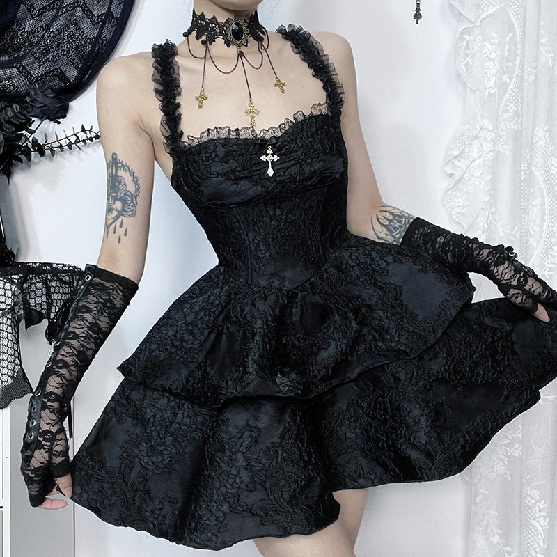 ruffle Witch Dress Short Black