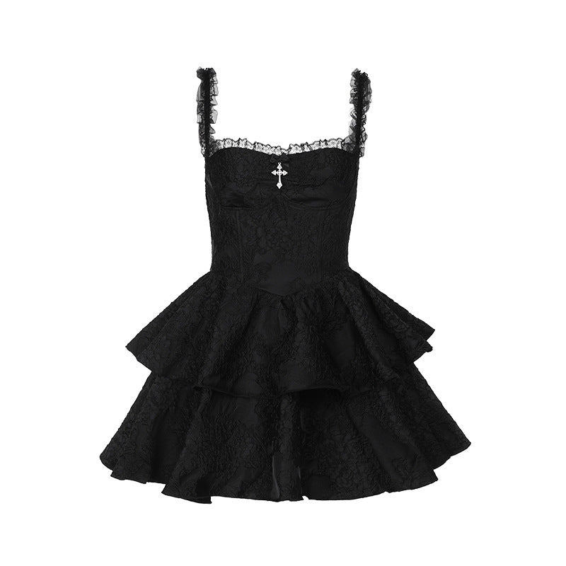 ruffle Witch Dress Short Black