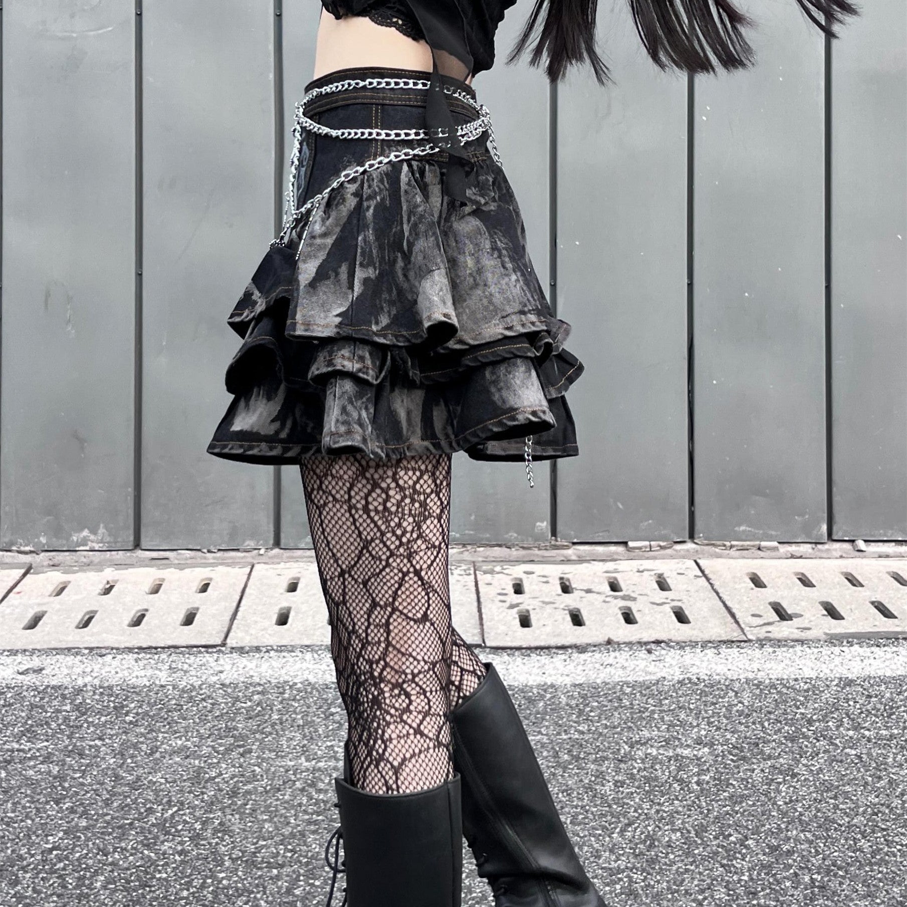 denim satin Goth Short Skirt with Cross Chain Belt