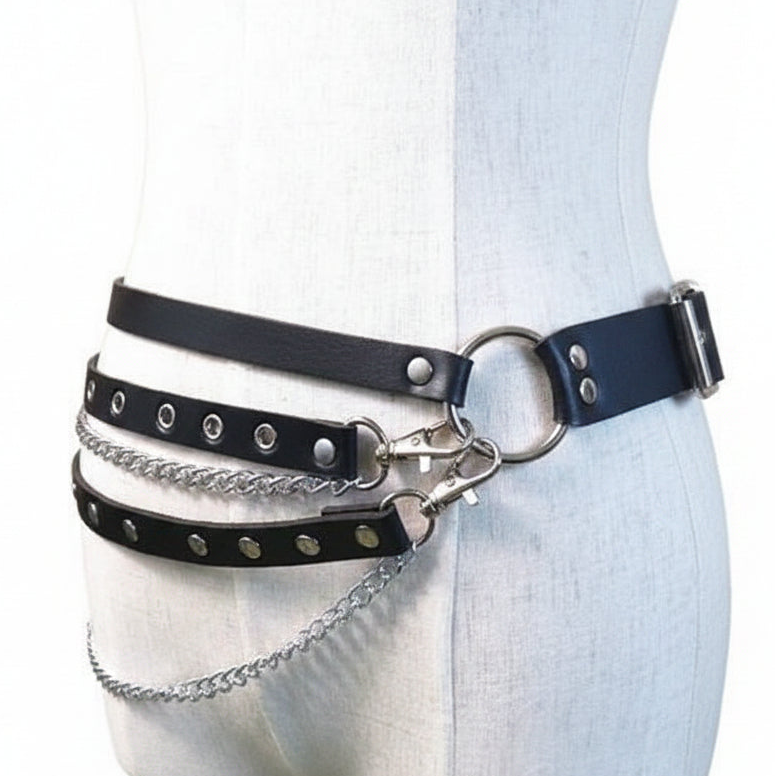 Black Strap Belt with Chains Gothic Womens