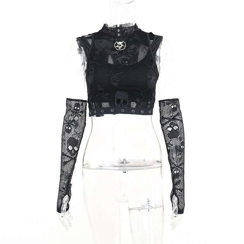 sexy Skull Crop Top with Fishnet Gloves
