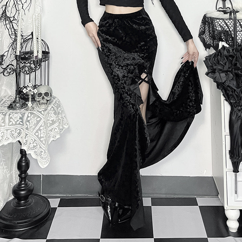 sexy Velvet Black Gothic Long Skirt with Side Slit