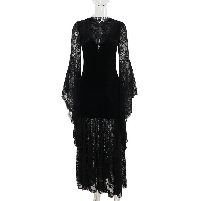 sexy Black Gothic Dress Lace Sleeves